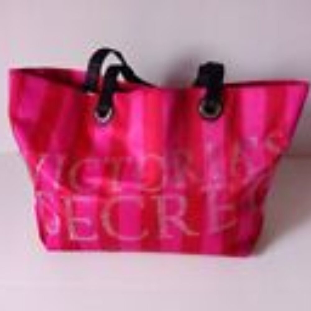 Victoria's Secret Tote Bag Pink Red Striped Faux Satin/Lined Rhinestone Front